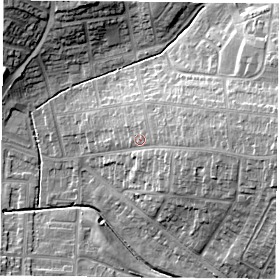Shaded relief map of the ground around LE51HX, computed from Environment Agency LiDAR. The ground here sits at about 81 m above sea level and falls 23 m across the surrounding 800 m. Surface water reaching this point runs off ground lying to the east, 10.7 m higher.