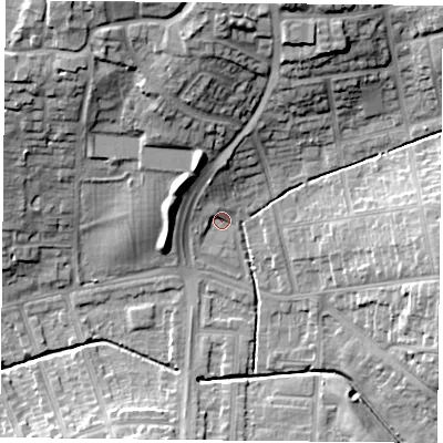 Shaded relief map of the ground around LE51HY, computed from Environment Agency LiDAR. The ground here sits at about 72 m above sea level and falls 23 m across the surrounding 800 m. Surface water reaching this point runs off ground lying to the north, 5.0 m higher.