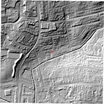Shaded relief map of the ground around LE51JA, computed from Environment Agency LiDAR. The ground here sits at about 75 m above sea level and falls 25 m across the surrounding 800 m. Surface water reaching this point runs off ground lying to the north, 12.2 m higher.