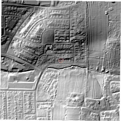 Shaded relief map of the ground around LE51NH, computed from Environment Agency LiDAR. The ground here sits at about 93 m above sea level and falls 29 m across the surrounding 800 m. Surface water reaching this point runs off ground lying to the north-north-east, 19.0 m higher.