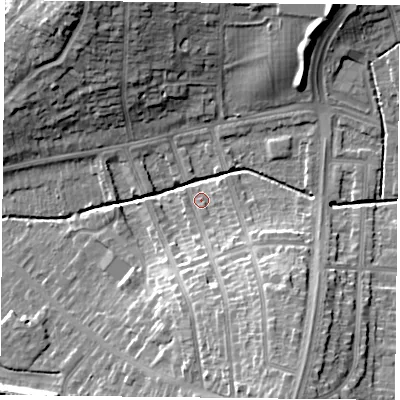Shaded relief map of the ground around LE52AA, computed from Environment Agency LiDAR. The ground here sits at about 70 m above sea level and falls 20 m across the surrounding 800 m. Surface water reaching this point runs off ground lying to the south-south-east, 13.8 m higher.