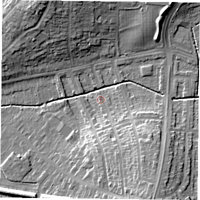 Shaded relief map of the ground around LE52AD, computed from Environment Agency LiDAR. The ground here sits at about 71 m above sea level and falls 21 m across the surrounding 800 m. Surface water reaching this point runs off ground lying to the south-south-east, 14.7 m higher.