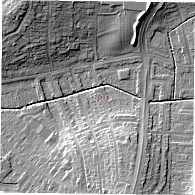 Shaded relief map of the ground around LE52AH, computed from Environment Agency LiDAR. The ground here sits at about 71 m above sea level and falls 20 m across the surrounding 800 m. Surface water reaching this point runs off ground lying to the south-south-east, 15.5 m higher.