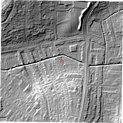 Shaded relief map of the ground around LE52AL, computed from Environment Agency LiDAR. The ground here sits at about 71 m above sea level and falls 20 m across the surrounding 800 m. Surface water reaching this point runs off ground lying to the south-south-east, 15.2 m higher.