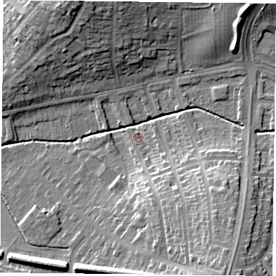Shaded relief map of the ground around LE52AN, computed from Environment Agency LiDAR. The ground here sits at about 70 m above sea level and falls 22 m across the surrounding 800 m. Surface water reaching this point runs off ground lying to the south-south-east, 10.8 m higher.