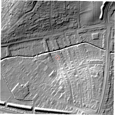 Shaded relief map of the ground around LE52AQ, computed from Environment Agency LiDAR. The ground here sits at about 70 m above sea level and falls 23 m across the surrounding 800 m. Surface water reaching this point runs off ground lying to the south-south-east, 9.2 m higher.