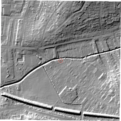 Shaded relief map of the ground around LE52BD, computed from Environment Agency LiDAR. The ground here sits at about 67 m above sea level and falls 20 m across the surrounding 800 m. Surface water reaching this point runs off ground lying to the north-north-east, 15.2 m higher.