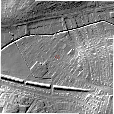 Shaded relief map of the ground around LE52BE, computed from Environment Agency LiDAR. The ground here sits at about 69 m above sea level and falls 26 m across the surrounding 800 m. Surface water reaching this point runs off ground lying to the east-south-east, 9.9 m higher.