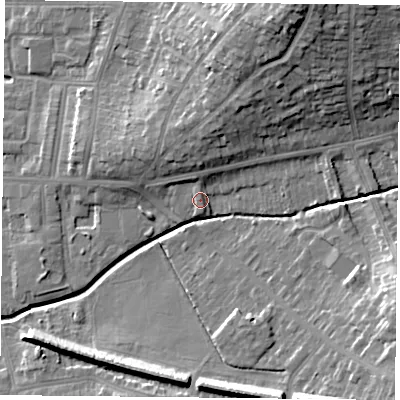 Shaded relief map of the ground around LE52BH, computed from Environment Agency LiDAR. The ground here sits at about 68 m above sea level and falls 21 m across the surrounding 800 m. Surface water reaching this point runs off ground lying to the north, 1.8 m higher.