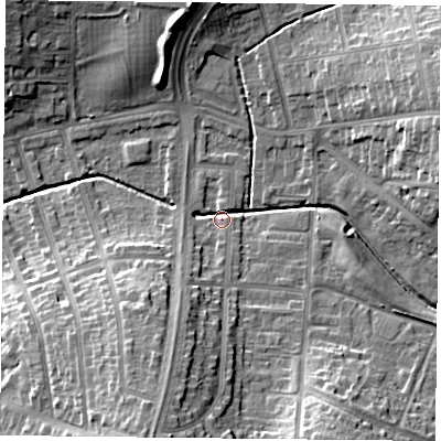 Shaded relief map of the ground around LE52DB, computed from Environment Agency LiDAR. The ground here sits at about 72 m above sea level and falls 19 m across the surrounding 800 m. Surface water reaching this point runs off ground lying to the south-south-west, 17.2 m higher.