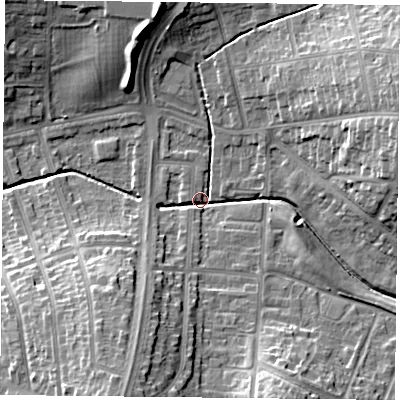 Shaded relief map of the ground around LE52DE, computed from Environment Agency LiDAR. The ground here sits at about 72 m above sea level and falls 19 m across the surrounding 800 m. Surface water reaching this point runs off ground lying to the south-south-west, 16.7 m higher.
