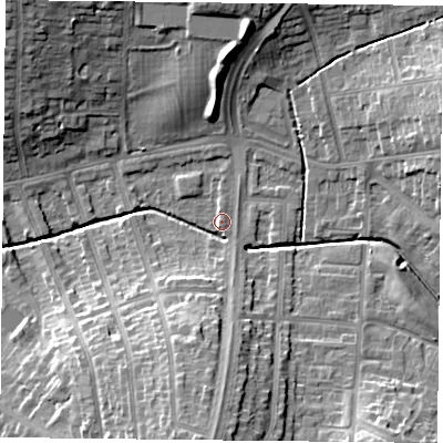 Shaded relief map of the ground around LE52DG, computed from Environment Agency LiDAR. The ground here sits at about 71 m above sea level and falls 18 m across the surrounding 800 m. Surface water reaching this point runs off ground lying to the south-south-east, 1.0 m higher.