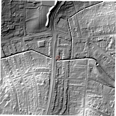 Shaded relief map of the ground around LE52DJ, computed from Environment Agency LiDAR. The ground here sits at about 71 m above sea level and falls 19 m across the surrounding 800 m. Surface water reaching this point runs off ground lying to the south-south-west, 16.9 m higher.
