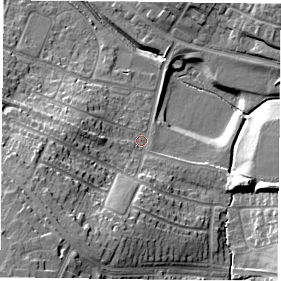 Shaded relief map of the ground around LE52ED, computed from Environment Agency LiDAR. The ground here sits at about 80 m above sea level and falls 32 m across the surrounding 800 m. Surface water reaching this point runs off ground lying to the south-west, 24.6 m higher.