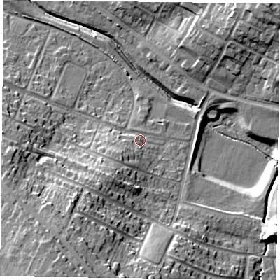 Shaded relief map of the ground around LE52EG, computed from Environment Agency LiDAR. The ground here sits at about 79 m above sea level and falls 31 m across the surrounding 800 m. Surface water reaching this point runs off ground lying to the south-west, 6.4 m higher.