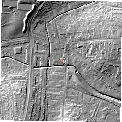 Shaded relief map of the ground around LE52ER, computed from Environment Agency LiDAR. The ground here sits at about 72 m above sea level and falls 19 m across the surrounding 800 m. Surface water reaching this point runs off ground lying to the north-north-east, 1.7 m higher.