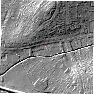Shaded relief map of the ground around LE52FD, computed from Environment Agency LiDAR. The ground here sits at about 68 m above sea level and falls 21 m across the surrounding 800 m. Surface water reaching this point runs off ground lying to the north-east, 1.8 m higher.