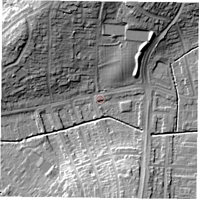 Shaded relief map of the ground around LE52FE, computed from Environment Agency LiDAR. The ground here sits at about 70 m above sea level and falls 19 m across the surrounding 800 m. Surface water reaching this point runs off ground lying to the north-north-east, 14.9 m higher.