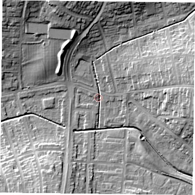 Shaded relief map of the ground around LE52FF, computed from Environment Agency LiDAR. The ground here sits at about 72 m above sea level and falls 18 m across the surrounding 800 m. Surface water reaching this point runs off ground lying to the east, 15.0 m higher.