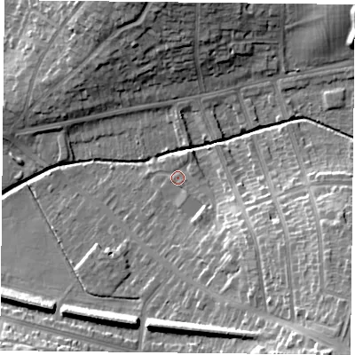 Shaded relief map of the ground around LE52FH, computed from Environment Agency LiDAR. The ground here sits at about 69 m above sea level and falls 24 m across the surrounding 800 m. Surface water reaching this point runs off ground lying to the south-east, 9.8 m higher.