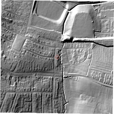 Shaded relief map of the ground around LE52GE, computed from Environment Agency LiDAR. The ground here sits at about 83 m above sea level and falls 29 m across the surrounding 800 m. Surface water reaching this point runs off ground lying to the south-west, 23.3 m higher.