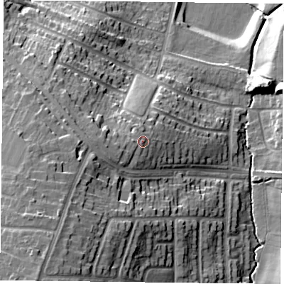 Shaded relief map of the ground around LE52GG, computed from Environment Agency LiDAR. The ground here sits at about 95 m above sea level and falls 33 m across the surrounding 800 m. Surface water reaching this point runs off ground lying to the west-south-west, 3.2 m higher.