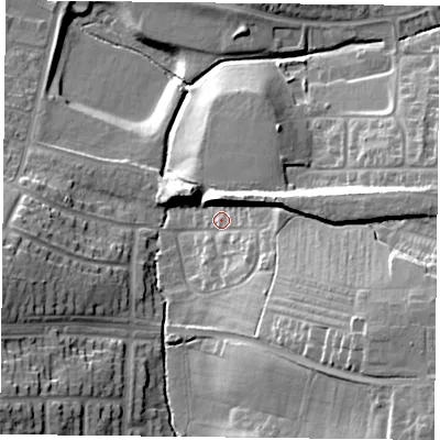 Shaded relief map of the ground around LE52GP, computed from Environment Agency LiDAR. The ground here sits at about 84 m above sea level and falls 29 m across the surrounding 800 m. Surface water reaching this point runs off ground lying to the south-east, 18.4 m higher.