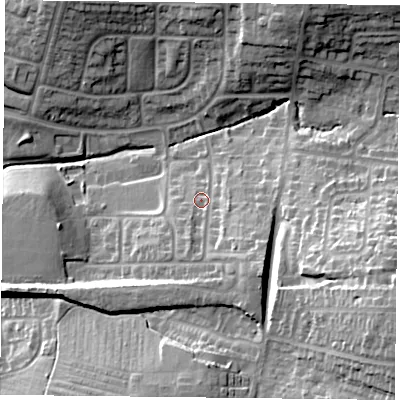 Shaded relief map of the ground around LE52LG, computed from Environment Agency LiDAR. The ground here sits at about 87 m above sea level and falls 31 m across the surrounding 800 m. Surface water reaching this point runs off ground lying to the south-east, 10.3 m higher.