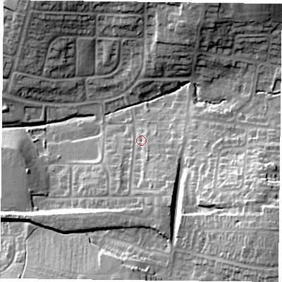 Shaded relief map of the ground around LE52LH, computed from Environment Agency LiDAR. The ground here sits at about 87 m above sea level and falls 31 m across the surrounding 800 m. Surface water reaching this point runs off ground lying to the south-south-east, 11.9 m higher.