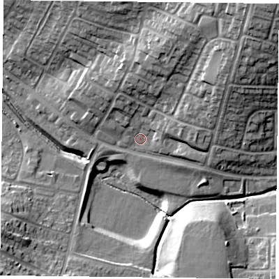 Shaded relief map of the ground around LE52NG, computed from Environment Agency LiDAR. The ground here sits at about 81 m above sea level and falls 34 m across the surrounding 800 m. Surface water reaching this point runs off ground lying to the north-east, 25.2 m higher.