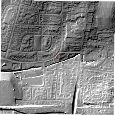 Shaded relief map of the ground around LE52NL, computed from Environment Agency LiDAR. The ground here sits at about 85 m above sea level and falls 31 m across the surrounding 800 m. Surface water reaching this point runs off ground lying to the north-north-east, 9.5 m higher.