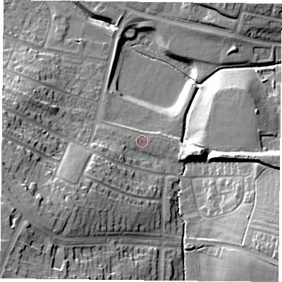 Shaded relief map of the ground around LE52NS, computed from Environment Agency LiDAR. The ground here sits at about 81 m above sea level and falls 32 m across the surrounding 800 m. Surface water reaching this point runs off ground lying to the south-west, 25.0 m higher.