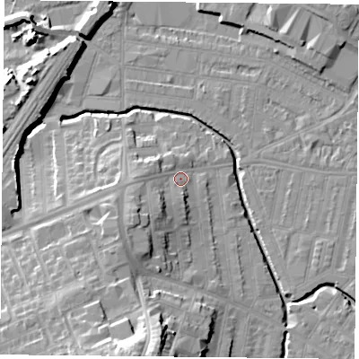 Shaded relief map of the ground around LE53DF, computed from Environment Agency LiDAR. The ground here sits at about 61 m above sea level and falls 25 m across the surrounding 800 m. Surface water reaching this point runs off ground lying to the south-west, 7.7 m higher.