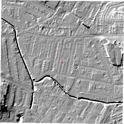 Shaded relief map of the ground around LE53LA, computed from Environment Agency LiDAR. The ground here sits at about 60 m above sea level and falls 15 m across the surrounding 800 m. Surface water reaching this point runs off ground lying to the south-east, 0.5 m higher.