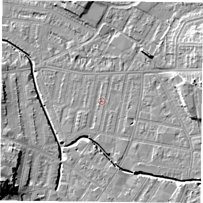 Shaded relief map of the ground around LE53LB, computed from Environment Agency LiDAR. The ground here sits at about 60 m above sea level and falls 18 m across the surrounding 800 m. Surface water reaching this point runs off ground lying to the south, 0.9 m higher.
