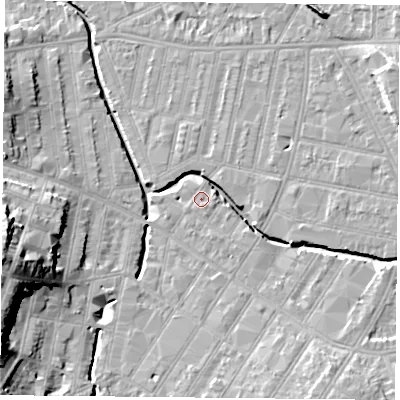 Shaded relief map of the ground around LE53LD, computed from Environment Agency LiDAR. The ground here sits at about 60 m above sea level and falls 23 m across the surrounding 800 m. Surface water reaching this point runs off ground lying to the south-south-east, 0.8 m higher.