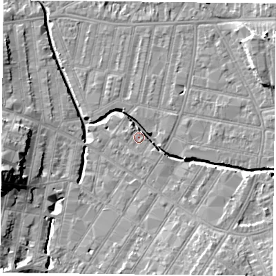 Shaded relief map of the ground around LE53LE, computed from Environment Agency LiDAR. The ground here sits at about 60 m above sea level and falls 18 m across the surrounding 800 m. Surface water reaching this point runs off ground lying to the south-south-east, 8.3 m higher.
