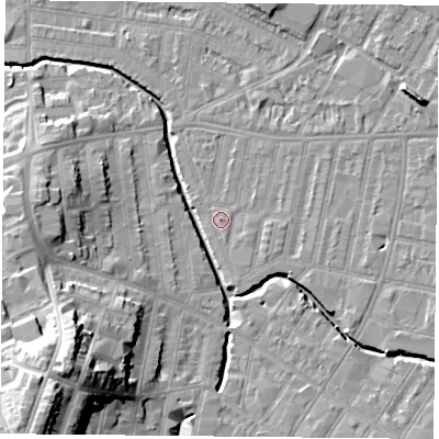 Shaded relief map of the ground around LE53LJ, computed from Environment Agency LiDAR. The ground here sits at about 59 m above sea level and falls 25 m across the surrounding 800 m. Surface water reaching this point runs off ground lying to the east-south-east, 1.4 m higher.