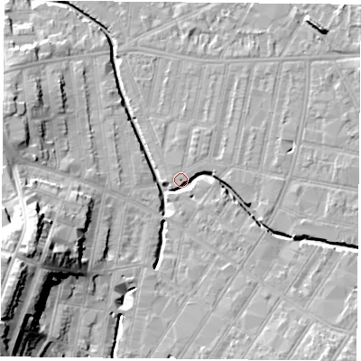 Shaded relief map of the ground around LE53LL, computed from Environment Agency LiDAR. The ground here sits at about 60 m above sea level and falls 25 m across the surrounding 800 m. Surface water reaching this point runs off ground lying to the south-east, 8.2 m higher.