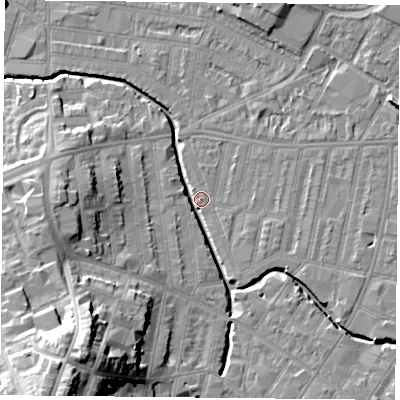 Shaded relief map of the ground around LE53LN, computed from Environment Agency LiDAR. The ground here sits at about 59 m above sea level and falls 25 m across the surrounding 800 m. Surface water reaching this point runs off ground lying to the south-west, 22.4 m higher.