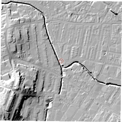 Shaded relief map of the ground around LE53LP, computed from Environment Agency LiDAR. The ground here sits at about 59 m above sea level and falls 26 m across the surrounding 800 m. Surface water reaching this point runs off ground lying to the west-south-west, 22.0 m higher.