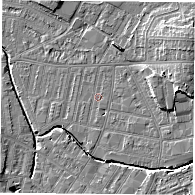 Shaded relief map of the ground around LE53LQ, computed from Environment Agency LiDAR. The ground here sits at about 60 m above sea level and falls 13 m across the surrounding 800 m. Surface water reaching this point runs off ground lying to the south, 1.2 m higher.