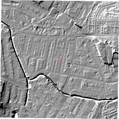 Shaded relief map of the ground around LE53LR, computed from Environment Agency LiDAR. The ground here sits at about 60 m above sea level and falls 13 m across the surrounding 800 m. Surface water reaching this point runs off ground lying to the south-south-east, 0.9 m higher.