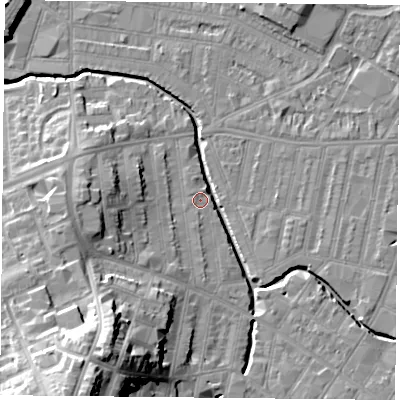 Shaded relief map of the ground around LE53LS, computed from Environment Agency LiDAR. The ground here sits at about 59 m above sea level and falls 25 m across the surrounding 800 m. Surface water reaching this point runs off ground lying to the south, 1.0 m higher.