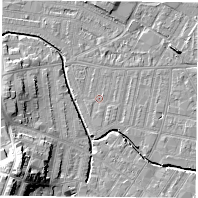 Shaded relief map of the ground around LE53LT, computed from Environment Agency LiDAR. The ground here sits at about 59 m above sea level and falls 25 m across the surrounding 800 m. Surface water reaching this point runs off ground lying to the south-south-east, 1.3 m higher.