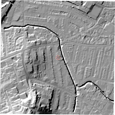 Shaded relief map of the ground around LE53LU, computed from Environment Agency LiDAR. The ground here sits at about 59 m above sea level and falls 25 m across the surrounding 800 m. Surface water reaching this point runs off ground lying to the south-south-west, 20.4 m higher.