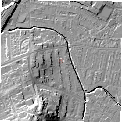 Shaded relief map of the ground around LE53LX, computed from Environment Agency LiDAR. The ground here sits at about 59 m above sea level and falls 25 m across the surrounding 800 m. Surface water reaching this point runs off ground lying to the south-south-west, 20.5 m higher.