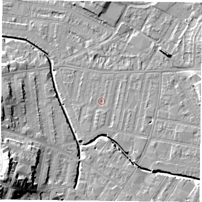 Shaded relief map of the ground around LE53ND, computed from Environment Agency LiDAR. The ground here sits at about 59 m above sea level and falls 24 m across the surrounding 800 m. Surface water reaching this point runs off ground lying to the south, 1.0 m higher.