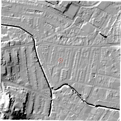 Shaded relief map of the ground around LE53NE, computed from Environment Agency LiDAR. The ground here sits at about 59 m above sea level and falls 24 m across the surrounding 800 m. Surface water reaching this point runs off ground lying to the south-south-east, 1.0 m higher.