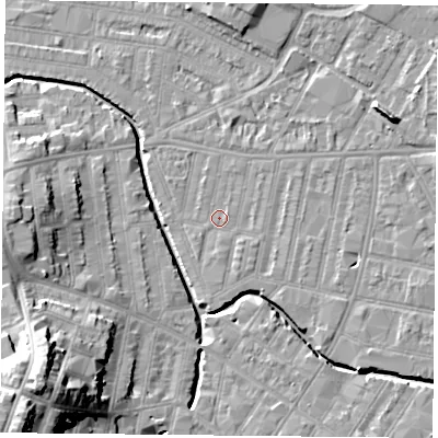 Shaded relief map of the ground around LE53NH, computed from Environment Agency LiDAR. The ground here sits at about 59 m above sea level and falls 25 m across the surrounding 800 m. Surface water reaching this point runs off ground lying to the south-south-east, 1.2 m higher.
